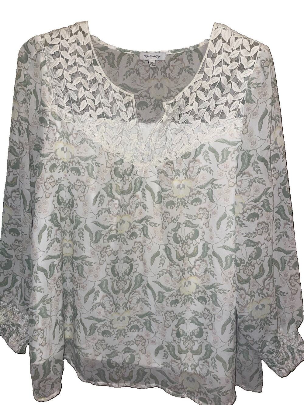 Rose & Everly Womens Chiffon Lace Yoke Floral Lined Blouse Smocked Cuffs Sz XXL
